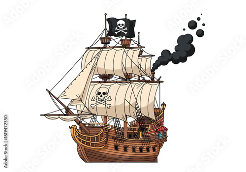 Cartoon pirate ship with skull and crossbones flag and smoke sailing ship Vector illustration of