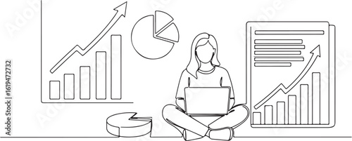 Woman working on laptop with growth charts, line art illustration
