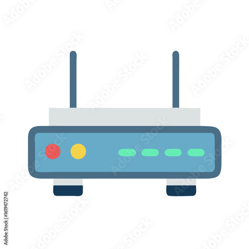 Simple blue router icon with antennas on black background
