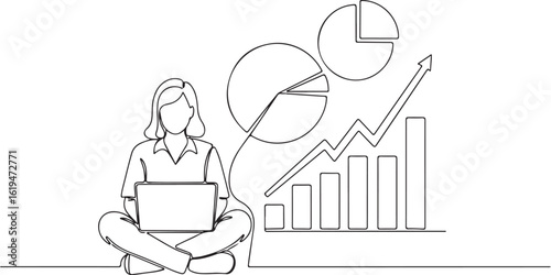 Woman working on laptop, line art illustration of business growth and success