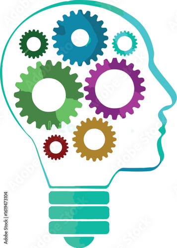 Colorful Gears in Light Bulb Head, Abstract Vector Illustration