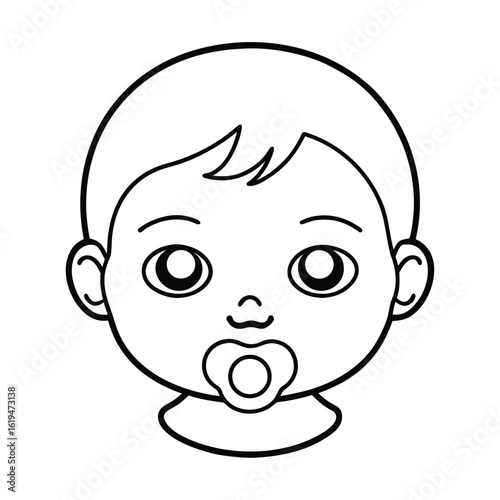 Baby face with big eyes and pacifier in bold cartoon outline for infant themed artwork