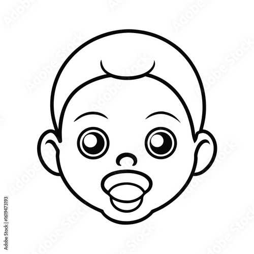 Cute baby face with pacifier and expressive eyes in bold cartoon line style illustration