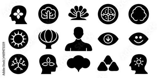 Collection of black and white icons representing nature and human well being