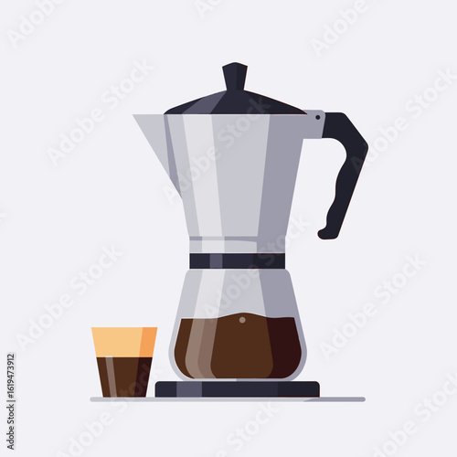 Coffee maker and glass cup of brewed coffee on a neutral background  