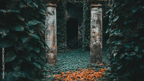 Aged stone pillars, overgrown with vines, leading to a dark archway.