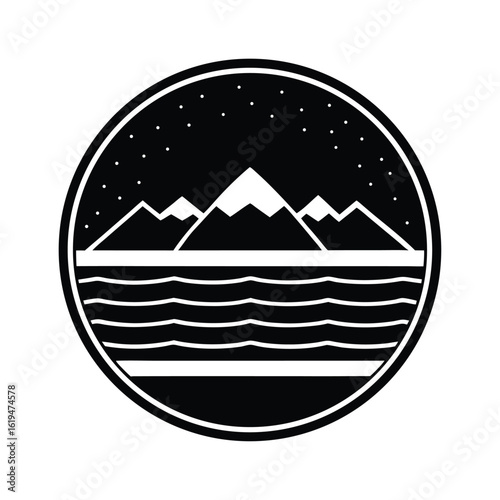 Classic round badge with layered hills and mountain vintage outdoor logo for travel and exploration use