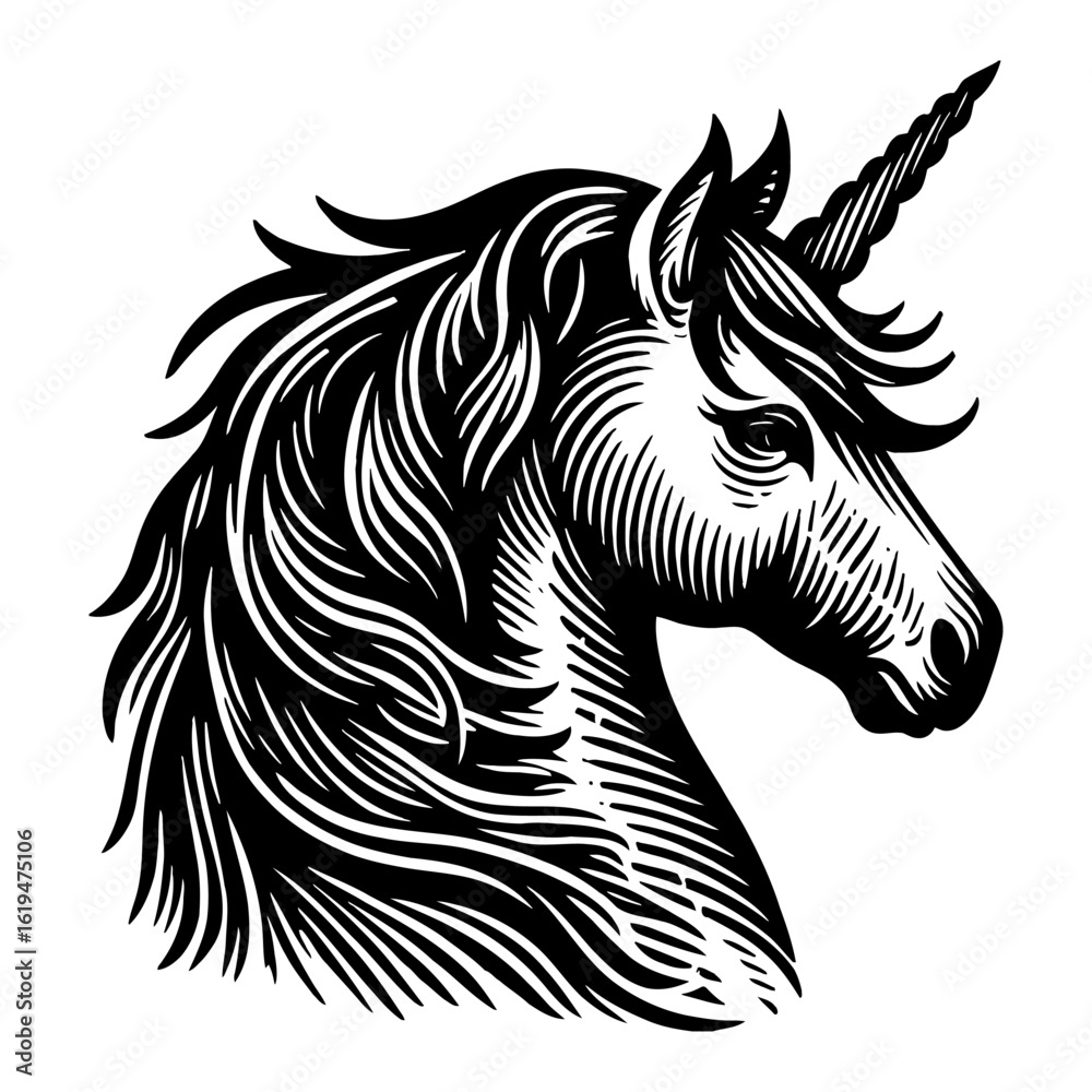 Fototapeta premium Majestic Mythical Unicorn Head Engraved Style Black and White Outline Line Art Drawing Fantasy Creature