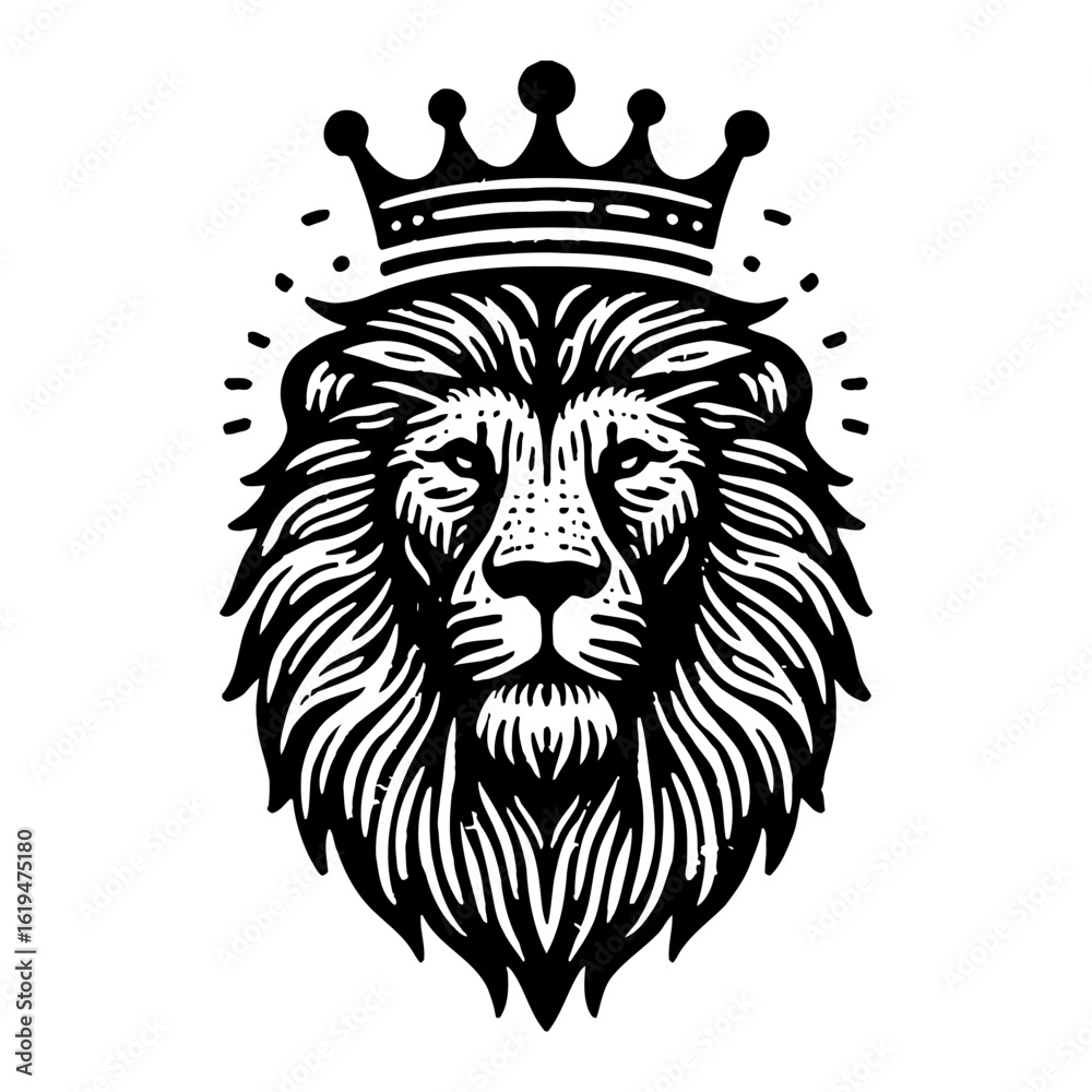 Obraz premium Regal Lion Head with Crown Royal Majesty Black and White Outline Line Art Drawing Powerful Symbol