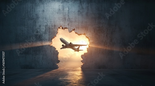 Airplane breaking through concrete wall. Sunrise scene.