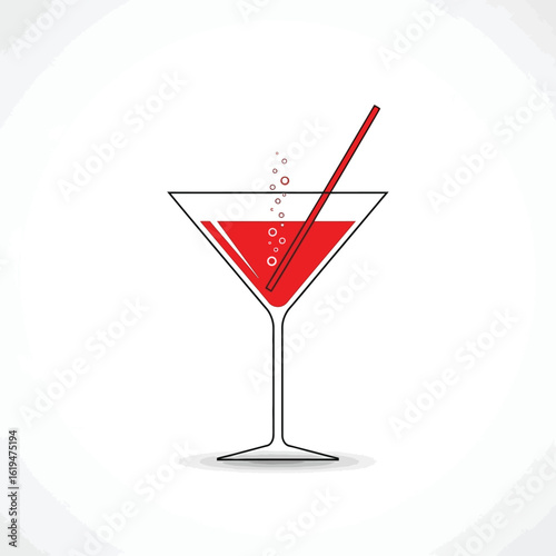 Red cocktail in martini glass with straw and bubbles drink beverage Vector illustration of