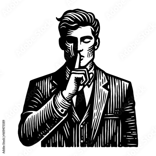 Elegant Man with Finger on Lips Asking for Silence or Secrecy in Vintage Black and White Outline Line Art Drawing