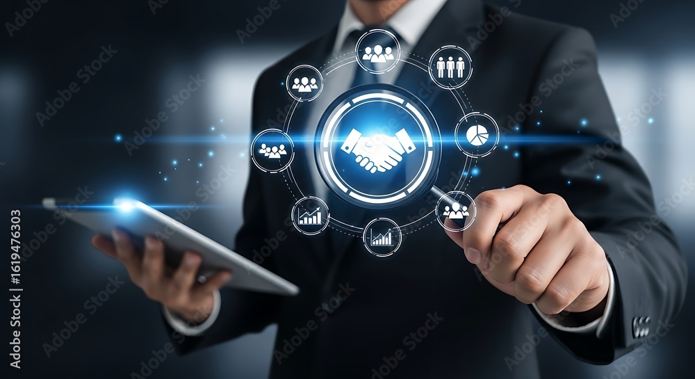 Fototapeta premium A professional businessman manages digital global partnership network creating success.