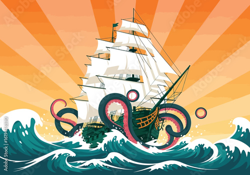 Vintage sailing ship attacked by kraken in stormy seas boat vessel Vector illustration of