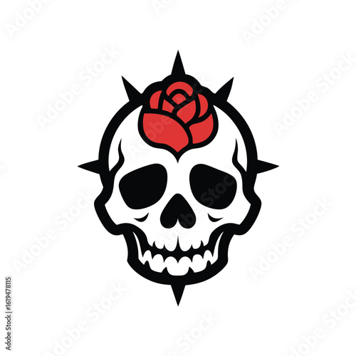 Grunge skull with thorned roses in traditional tattoo style for edgy vector designs  