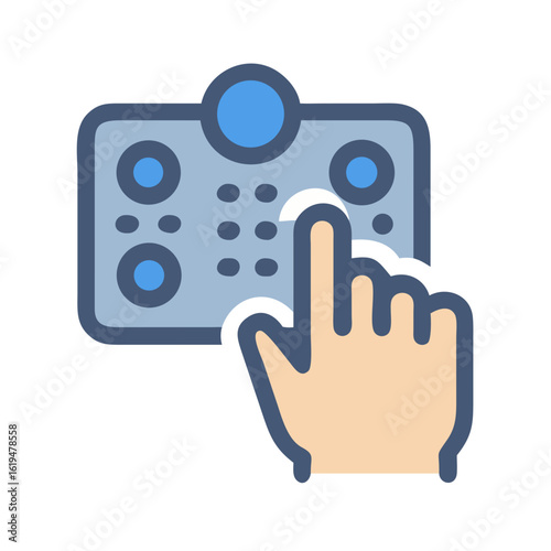Hand operating blue control panel with multiple button options