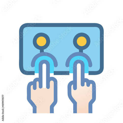 Two hands interacting with a digital touch screen interface