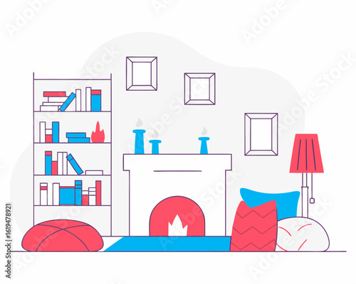 Cozy Living Room Interior with Fireplace Bookshelf and Decorative Elements Vector