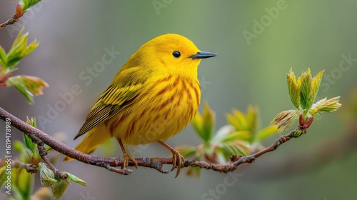Photograph of a bright yellow bulbul perched on a branch with blooming spring leaves, its brightly colored feathers contrasting against a light green background.
