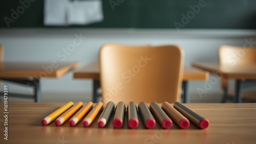 A classroom desk holds neatly arranged sharpened pencils, with soft focus on an empty chair nearby.