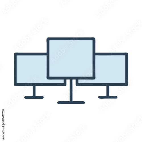 Three flat vector monitors on a black background