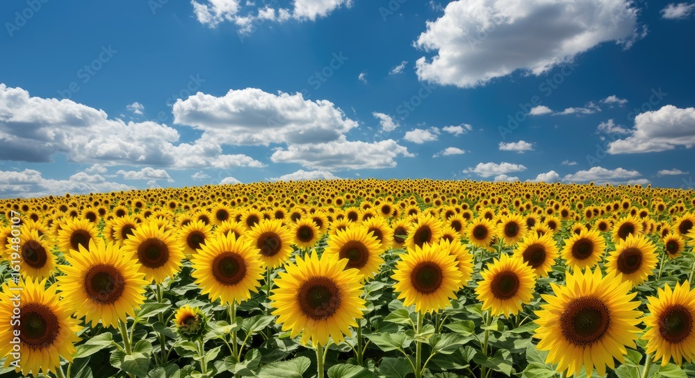 Obraz premium A vast expanse of sunflowers under a vibrant summer sky.