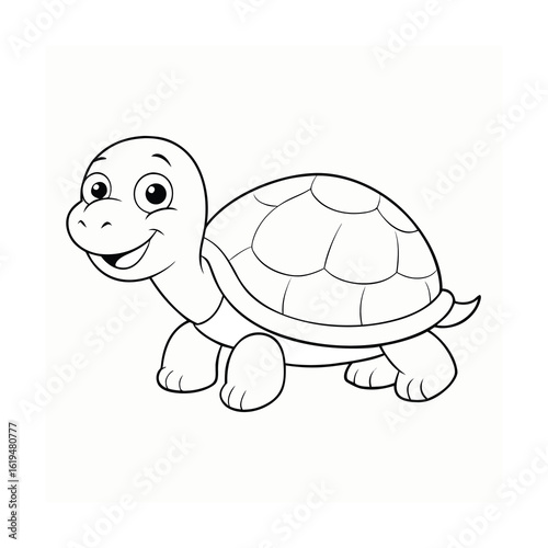 Happy turtle with large shell in cute cartoon outline ideal for kids animal illustration  