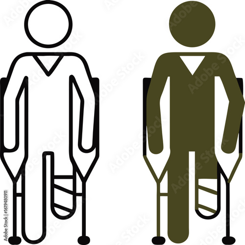 Crutches Icons. Black and White Vector Illustration. Man With Leg Cast Moves On Crutches. Injury, Illness, Medicine. Disability Concept
