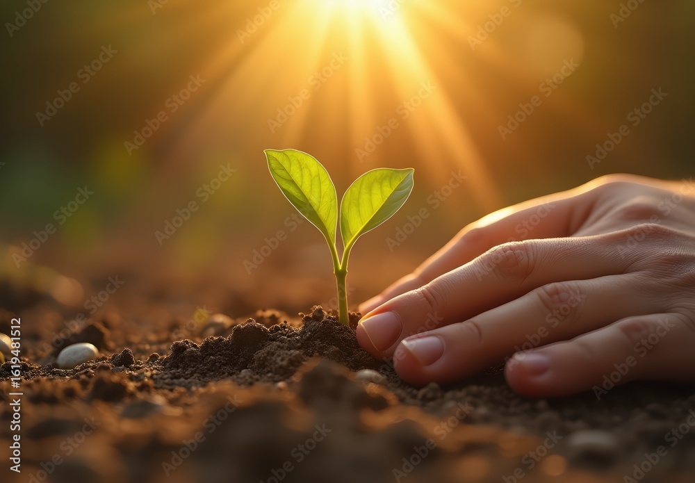 Fototapeta premium Seedling Growth with Hand in Sunlight