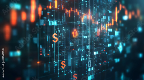 Abstract digital financial chart with dollar signs and data grid background