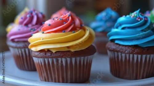 Colorful Frosted Cupcakes Delicious Bakery Treats with Birthday Party Celebration.