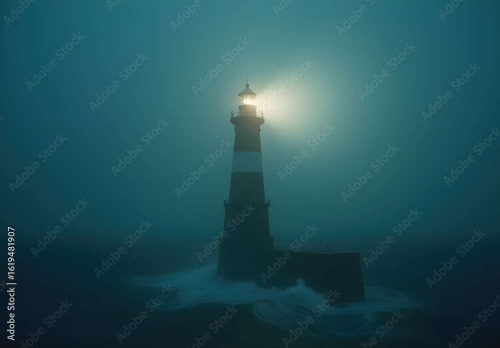 Fototapeta premium Foggy Lighthouse Glowing in Misty Night