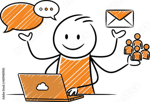 Stick figure communication email group laptop business marketing online