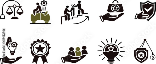 Black Set of Core Values Icons. Vector Icons Commitment, Innovation, Customers, Teamwork, Honesty, Goals, Responsibility, Reliability, Quality, and Inclusion
