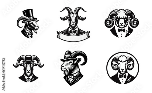 Collection of six black and white illustrations featuring goats and rams wearing formal attire such as bow ties, suits, and hats.