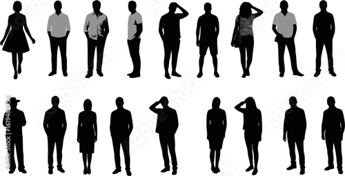 Vector silhouettes man and women, illustration. Silhouettes of young people posing in casual clothes. EPS version.