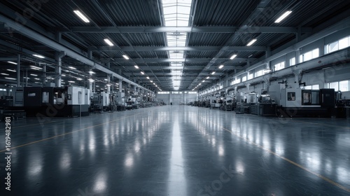Factory Floor. Empty industrial manufacturing plant, machinery background. Stock photo