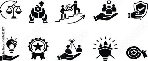 Black Set of Core Values Icons. Vector Icons Commitment, Innovation, Customers, Teamwork, Honesty, Goals, Responsibility, Reliability, Quality, and Inclusion
