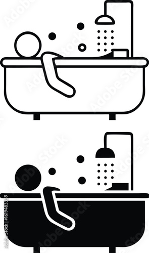 Bathing Icons. Black and White Vector Illustration. Man Taking a Bath. Water Flowing and Soap Bubbles Flying. Hygiene Concept
