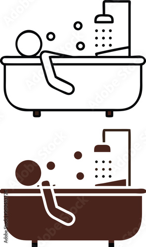 Bathing Icons. Black and White Vector Illustration. Man Taking a Bath. Water Flowing and Soap Bubbles Flying. Hygiene Concept
