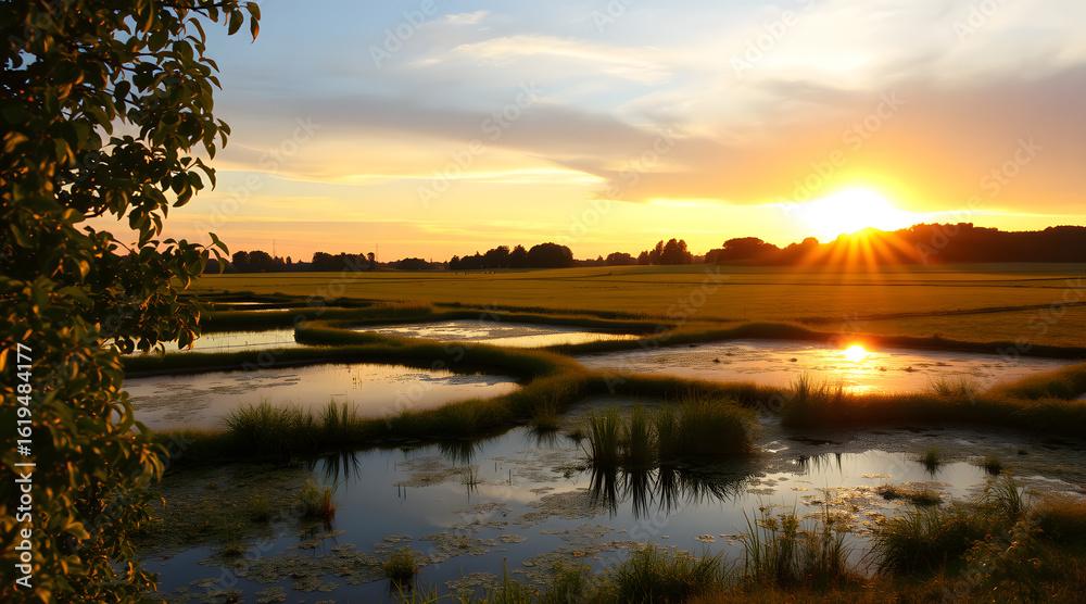 Fototapeta premium Golden Reflections Sunset Over the River