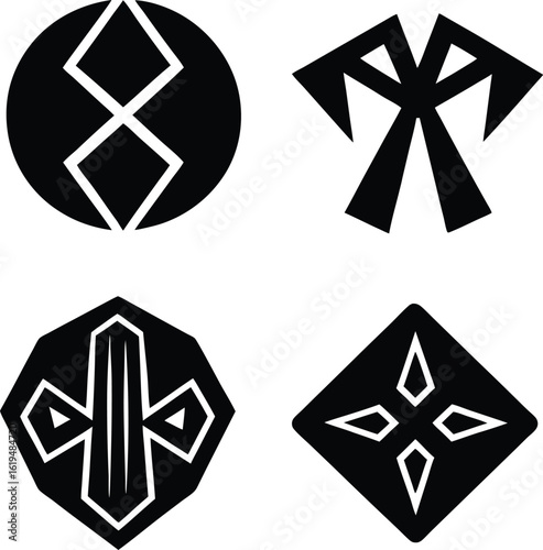 Set of four ancient esoteric symbols. Black geometric mystical signs for fantasy or ritual.