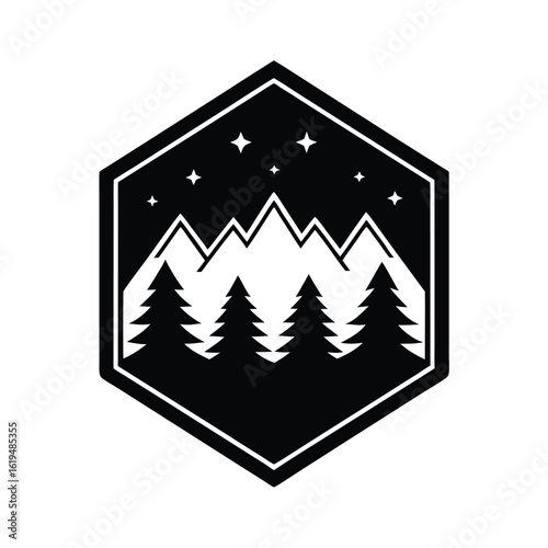 Outdoor exploration badge with pine forest and mountain in clean hiking design  