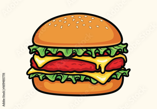 Delicious double cheeseburger with lettuce and sesame seed bun hamburger Vector illustration of