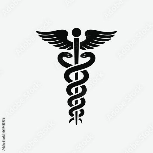 Black & white caduceus symbol vector. Symmetrical, minimalist medical icon with serpent, wings & staff. Perfect for healthcare, clinics, doctors & professional branding.