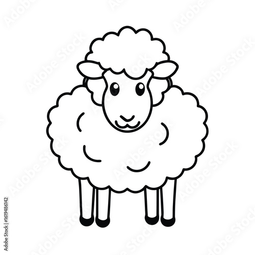 Cartoon sheep with happy face and thick wool in outlined bold style for animal design  