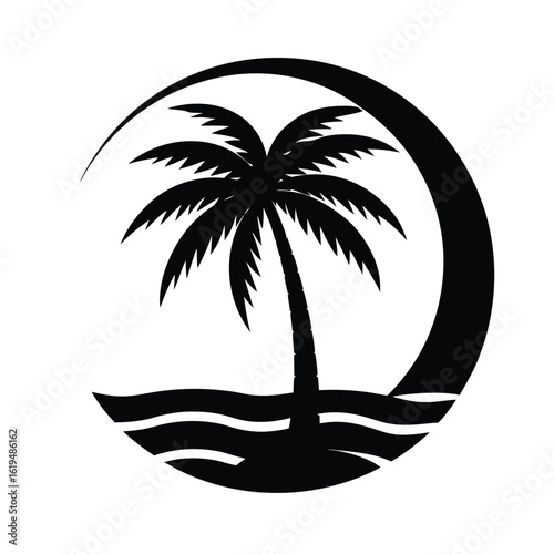Silhouette of curved palm tree on shore with setting sun for tropical beach artwork  