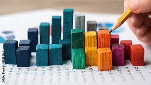 Colorful wooden blocks form a bar graph on charts.  Hand holds pencil, focusing on a block