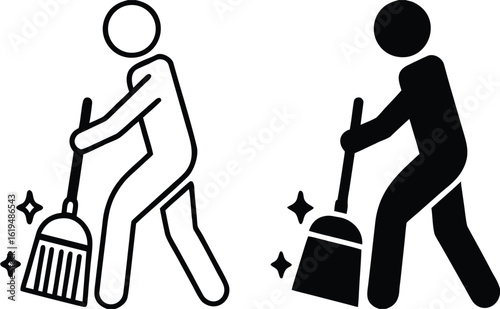 Sweep Icons. Black and White Vector Illustration. Man with a Broom. House or Street Cleaning. Hygiene Concept
