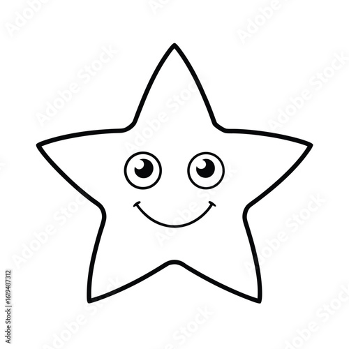 Smiling cartoon star with happy face in outlined cute vector for kids theme artwork